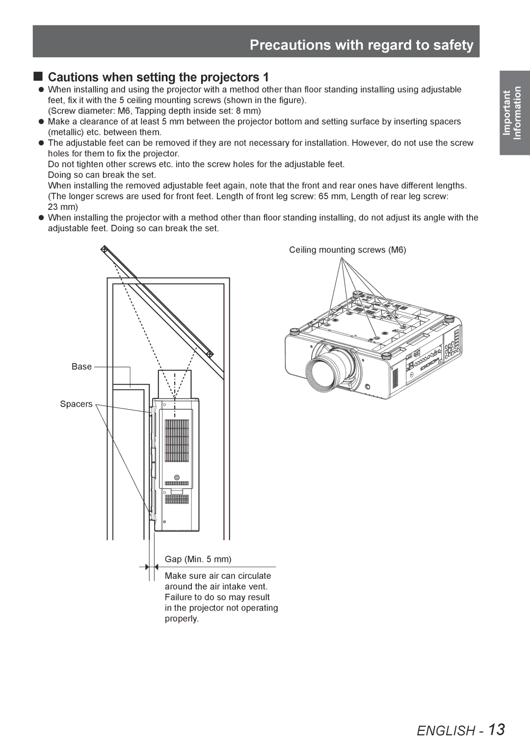 Panasonic PT-DS8500E, PT-DS8500U, PT-DZ8700U, PT-DZ8700E, PT-DW8300E, PT-DW8300U manual „„Cautions when setting the projectors 