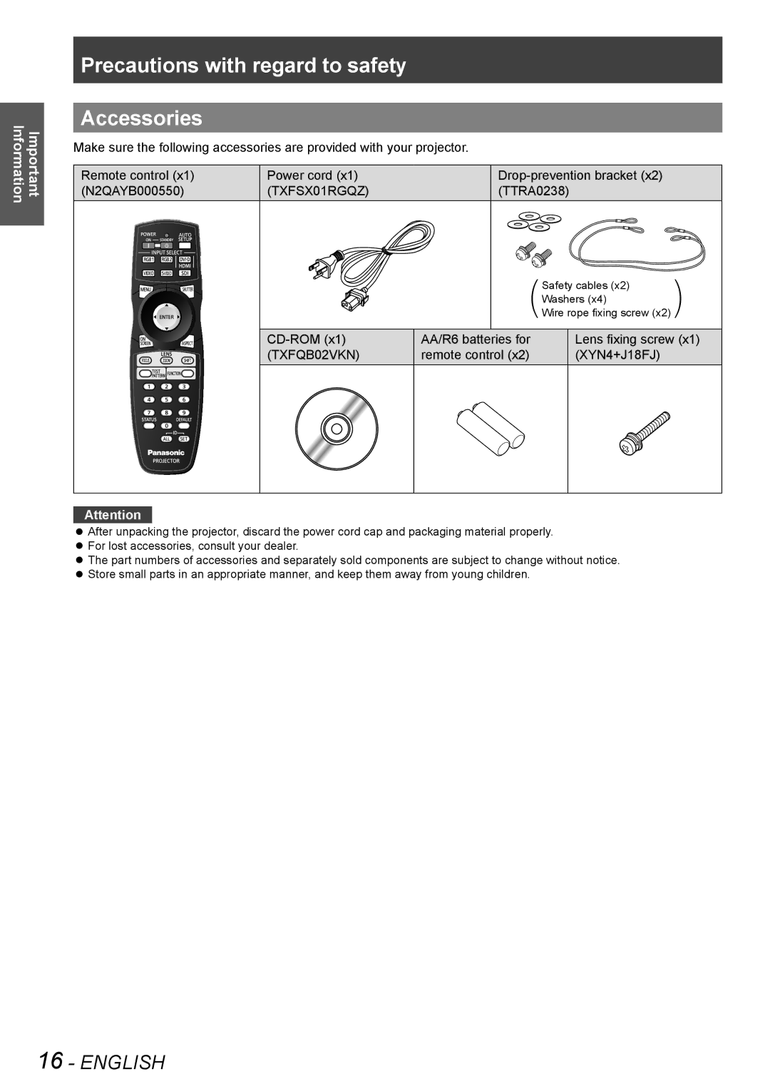 Panasonic PT-DW8300E, PT-DS8500U, PT-DS8500E manual Precautions with regard to safety Accessories, TXFSX01RGQZ, TXFQB02VKN 