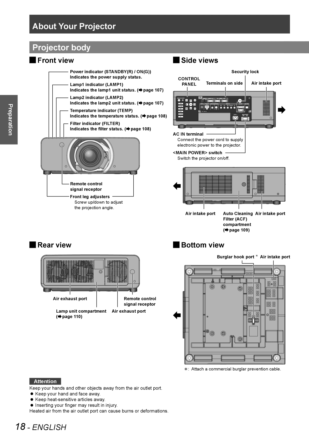 Panasonic PT-DS8500U, PT-DS8500E, PT-DZ8700U About Your Projector, Projector body, JJSide views, JJRear view JJBottom view 