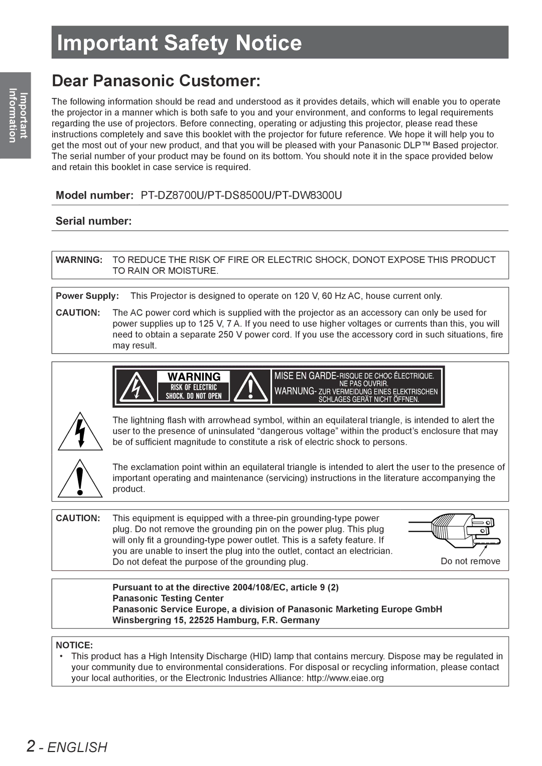 Panasonic PT-DZ8700U, PT-DS8500U, PT-DS8500E, PT-DZ8700E, PT-DW8300E manual ImportantSafetySafetyNotice Notice, Serial number 