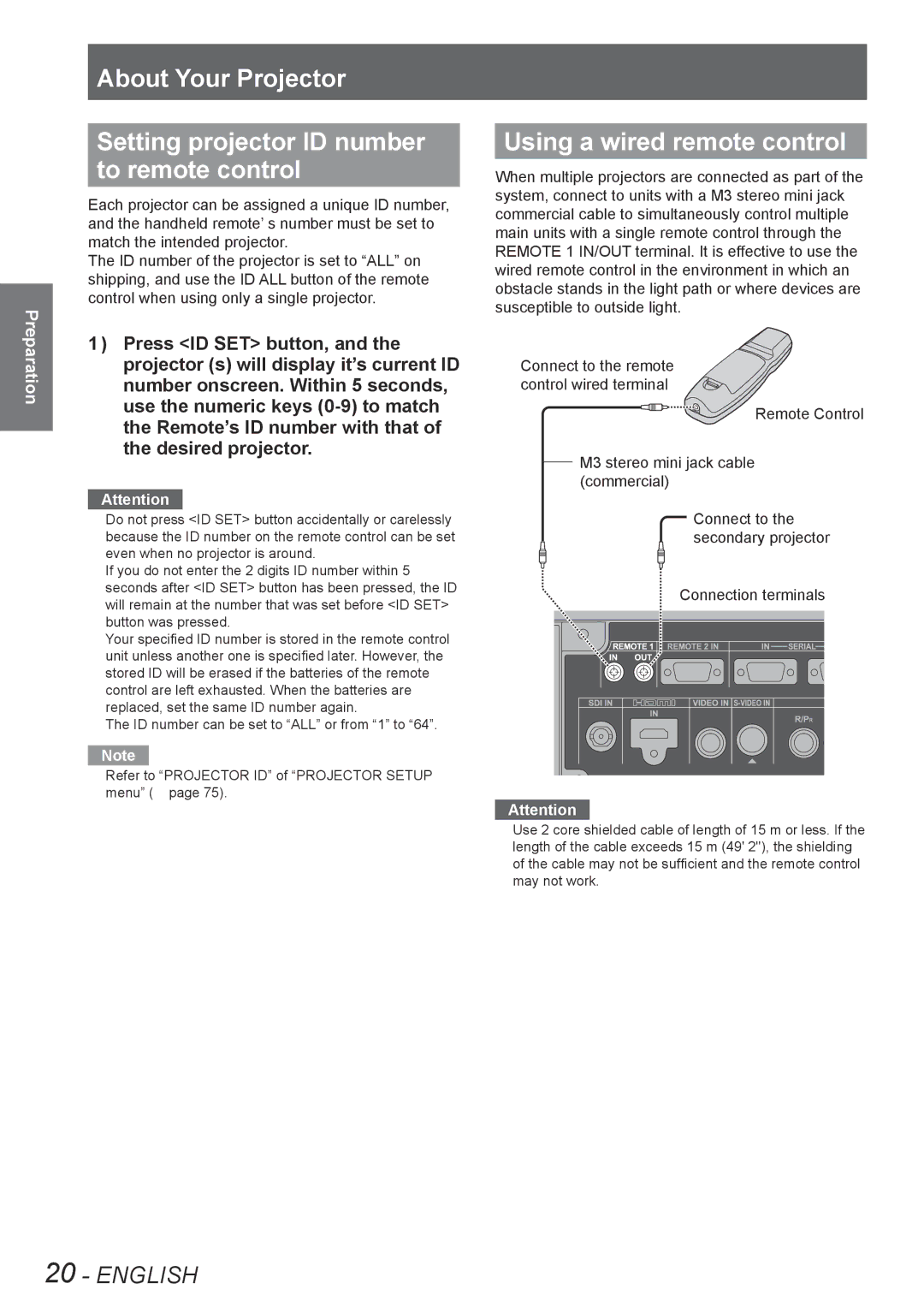 Panasonic PT-DZ8700U, PT-DS8500U, PT-DS8500E, PT-DZ8700E, PT-DW8300E, PT-DW8300U manual Using a wired remote control 