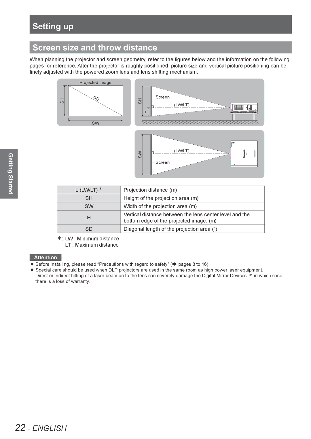 Panasonic PT-DW8300E, PT-DS8500U, PT-DS8500E, PT-DZ8700U, PT-DZ8700E, PT-DW8300U Setting up Screen size and throw distance 