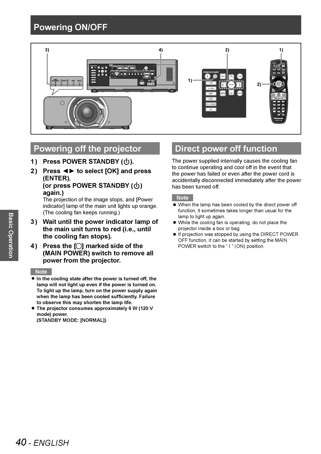 Panasonic PT-DW8300E, PT-DS8500U, PT-DS8500E, PT-DZ8700U, PT-DZ8700E Powering off the projector, Direct power off function 