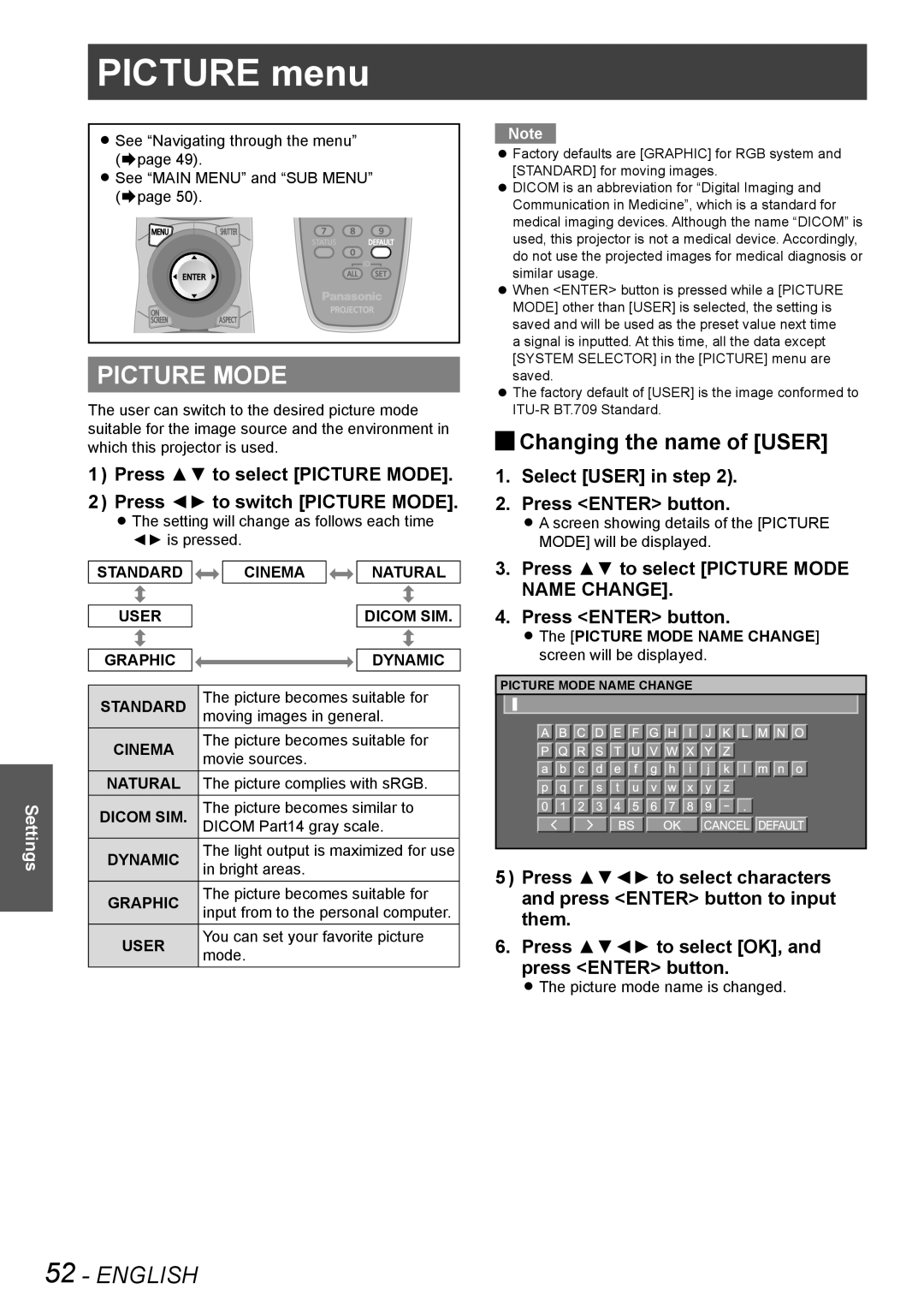 Panasonic PT-DW8300E, PT-DS8500U, PT-DS8500E, PT-DZ8700U, PT-DZ8700E Picture menu, Picture Mode, JJChanging the name of User 