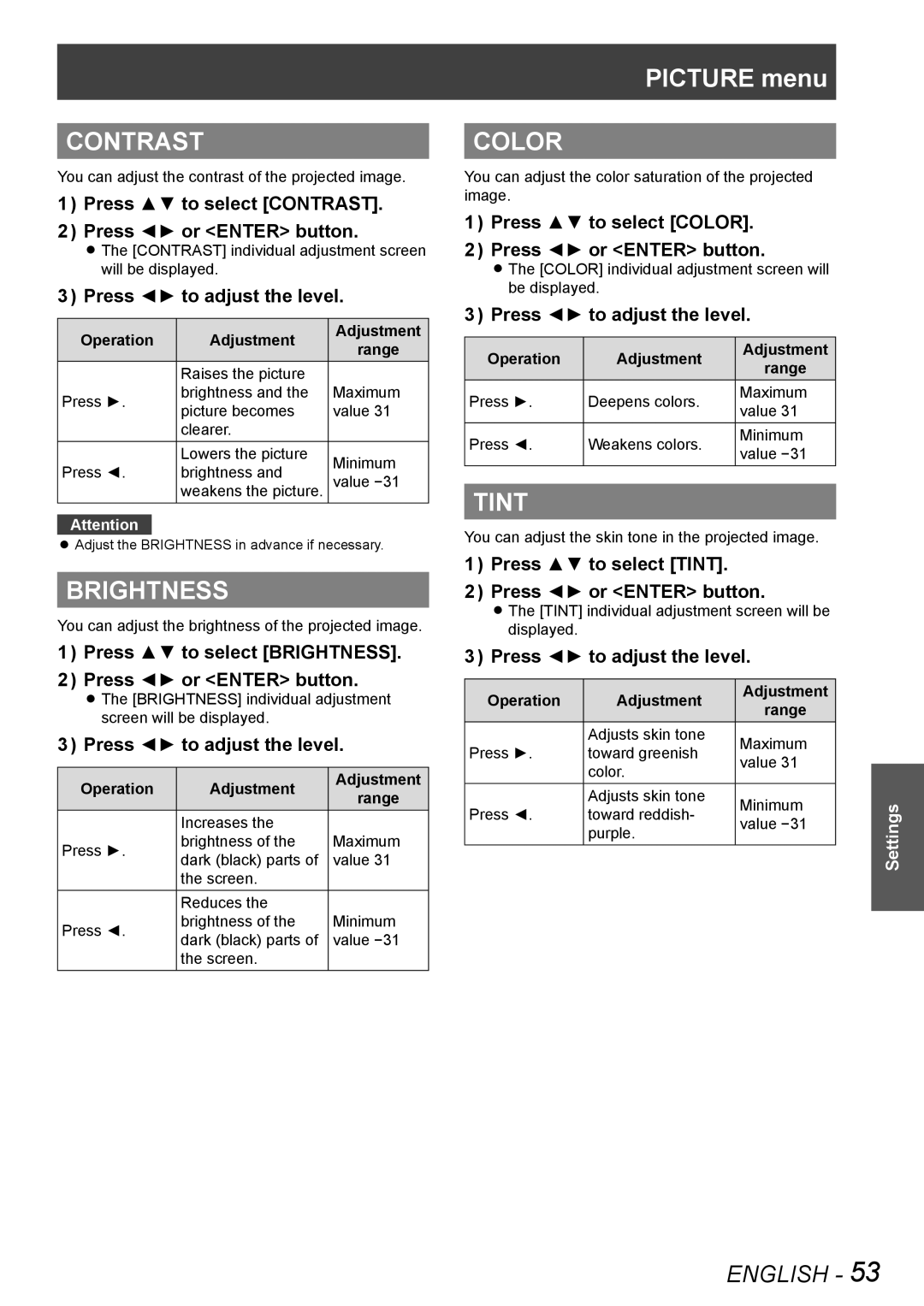 Panasonic PT-DW8300U, PT-DS8500U, PT-DS8500E, PT-DZ8700U, PT-DZ8700E manual Contrast, Brightness, Picture menu, Color, Tint 