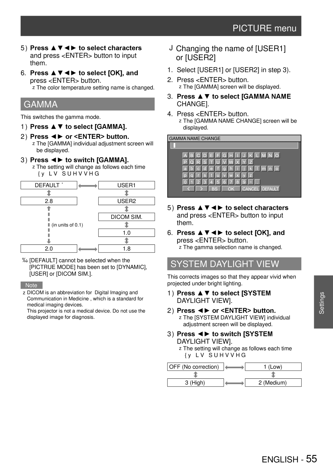 Panasonic PT-DS8500E, PT-DS8500U, PT-DZ8700U, PT-DZ8700E Gamma, System Daylight View, JJChanging the name of USER1 or USER2 