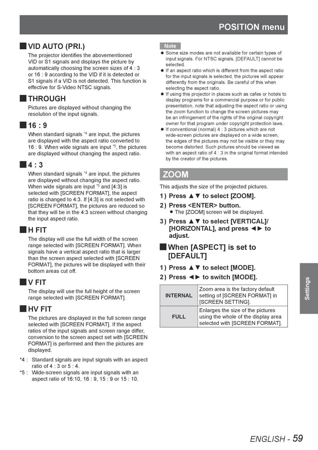 Panasonic PT-DW8300U, PT-DS8500U, PT-DS8500E, PT-DZ8700U, PT-DZ8700E, PT-DW8300E manual Position menu, Zoom 