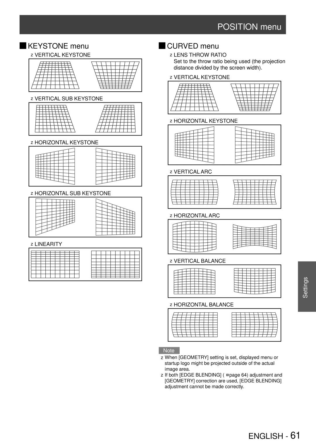 Panasonic PT-DS8500E, PT-DS8500U, PT-DZ8700U, PT-DZ8700E, PT-DW8300E, PT-DW8300U manual Jjcurved menu, ZzHORIZONTAL Balance 