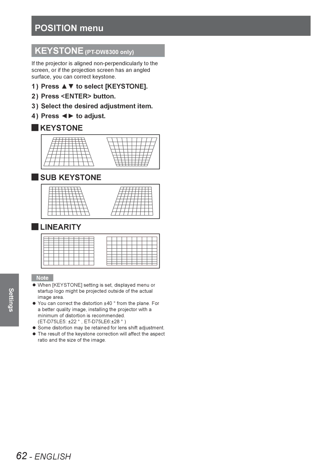 Panasonic PT-DZ8700U, PT-DS8500U, PT-DS8500E, PT-DZ8700E, PT-DW8300E manual Jjsub Keystone Jjlinearity, Keystone PT-DW8300 only 