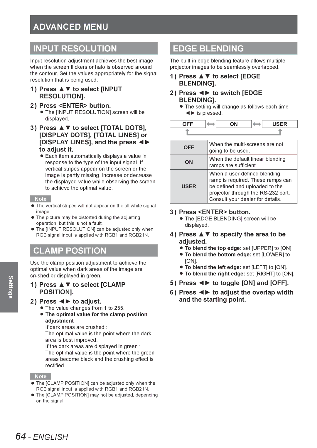 Panasonic PT-DW8300E, PT-DS8500U, PT-DS8500E, PT-DZ8700U manual Advanced Menu Input Resolution, Clamp Position, Edge Blending 