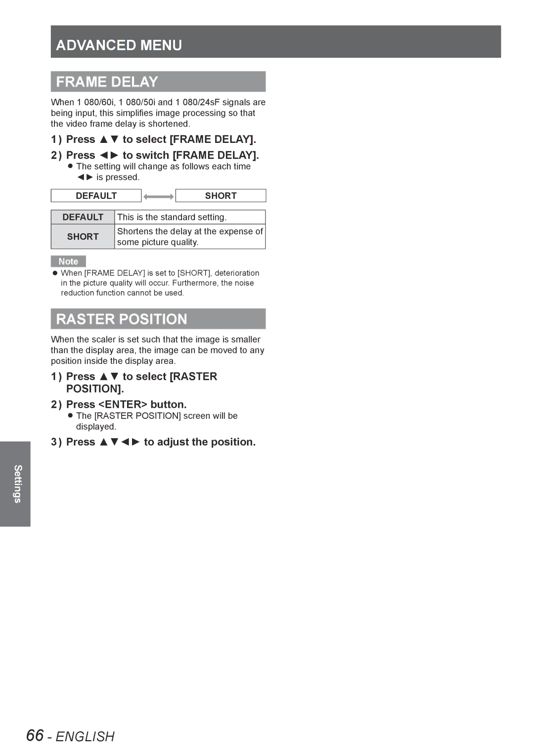 Panasonic PT-DS8500U Advanced Menu Frame Delay, Raster Position, Press to select Frame Delay Press to switch Frame Delay 