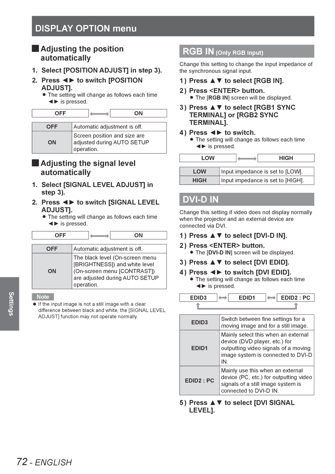 Panasonic PT-DS8500U, PT-DS8500E, PT-DZ8700U, PT-DZ8700E, PT-DW8300E manual Dvi-D, JJAdjusting the signal level automatically 