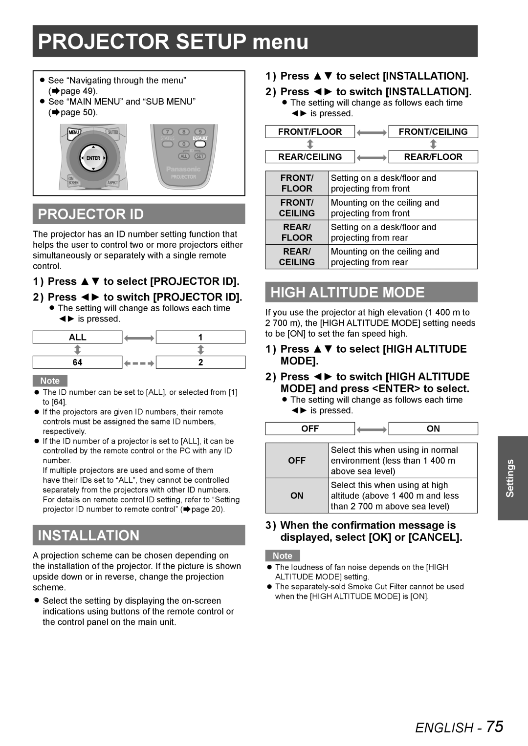 Panasonic PT-DZ8700E, PT-DS8500U, PT-DS8500E manual Projector Setup menu, Projector ID, High Altitude Mode, Installation 