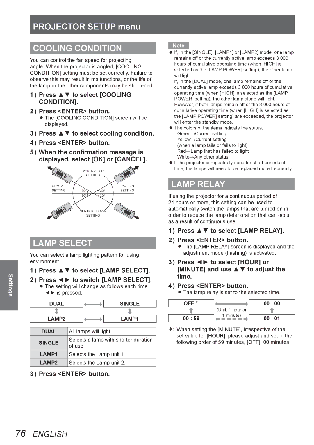 Panasonic PT-DW8300E, PT-DS8500U, PT-DS8500E, PT-DZ8700U Projector Setup menu, Cooling Condition, Lamp Select, Lamp Relay 