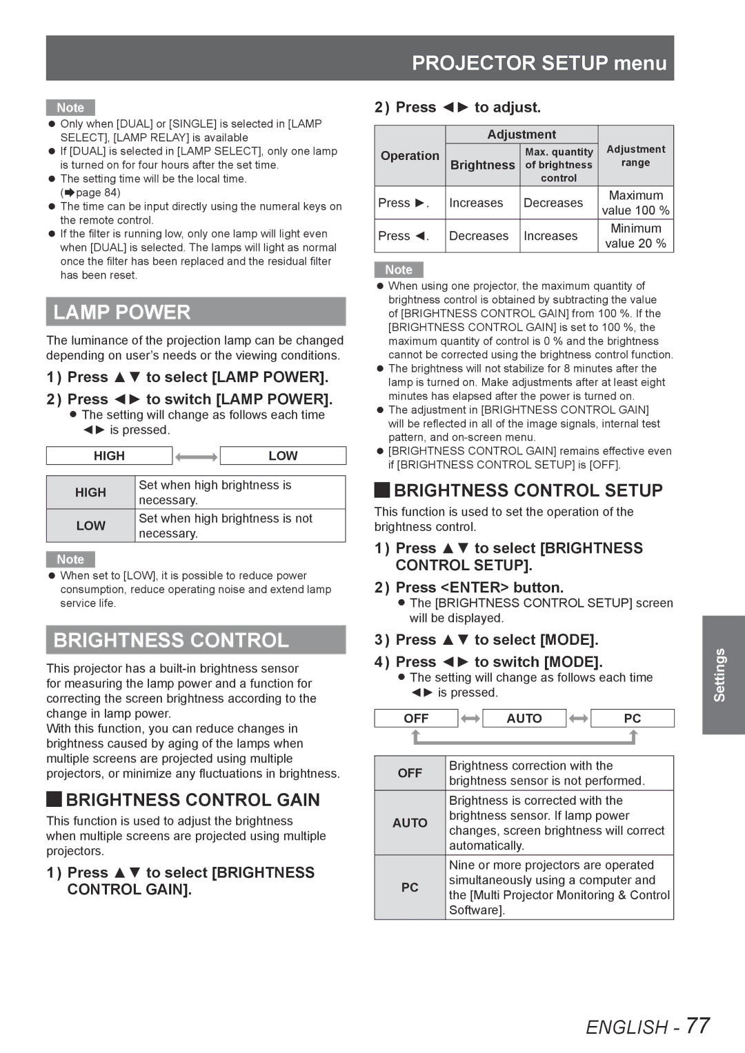 Panasonic PT-DW8300U, PT-DS8500U Lamp Power, Brightness Control, Jjbrightness Control Gain, Jjbrightness Control Setup 