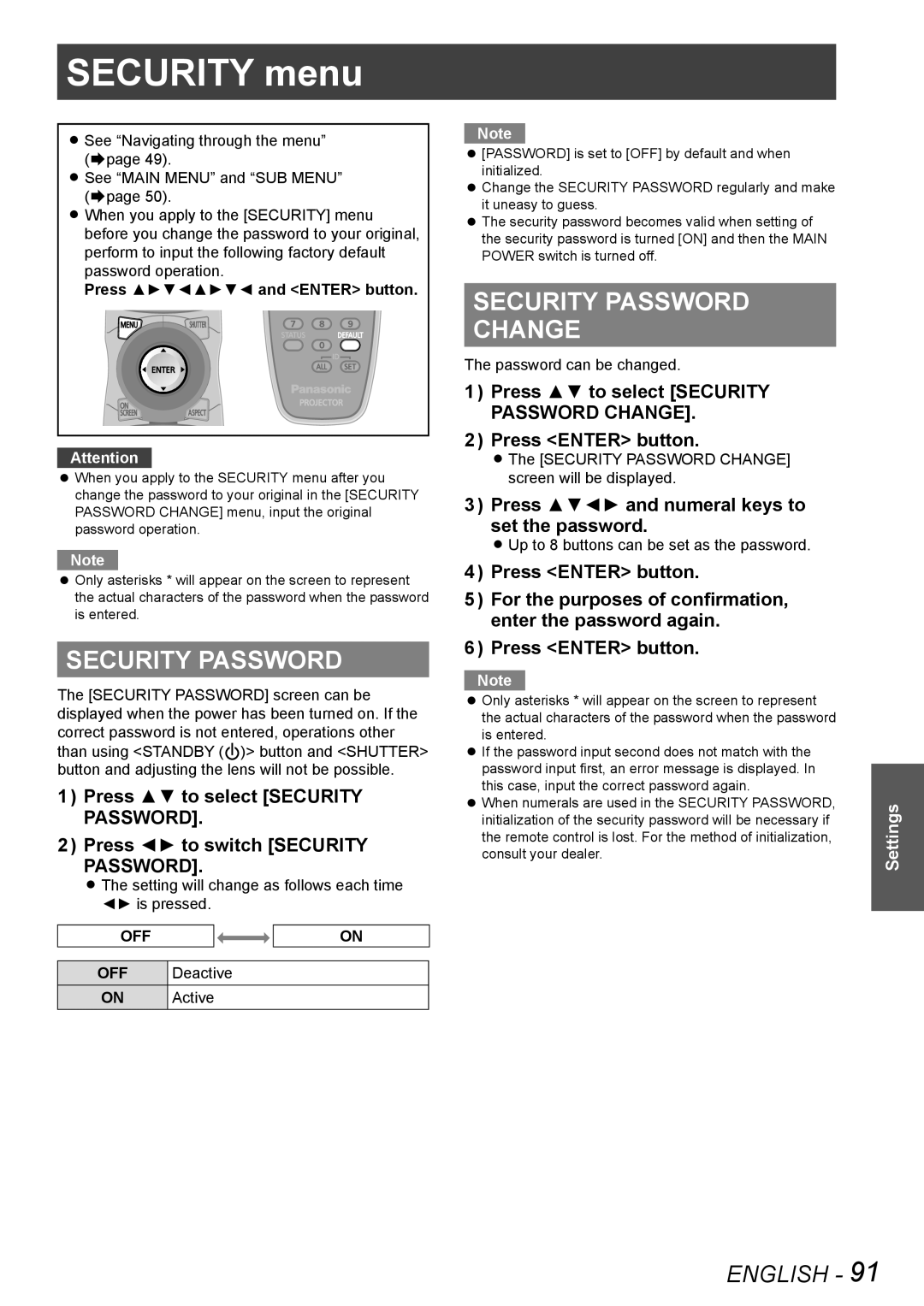 Panasonic PT-DS8500E, PT-DS8500U Security menu, Security Password Change, Press and numeral keys to set the password 