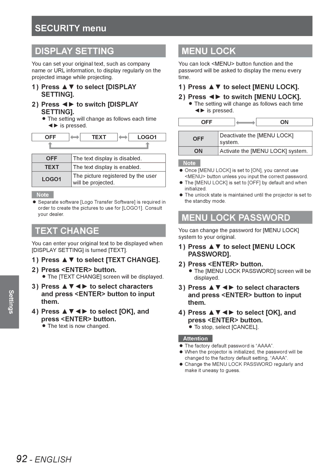 Panasonic PT-DZ8700U, PT-DS8500U, PT-DS8500E, PT-DZ8700E Security menu, Display Setting, Text Change, Menu Lock Password 