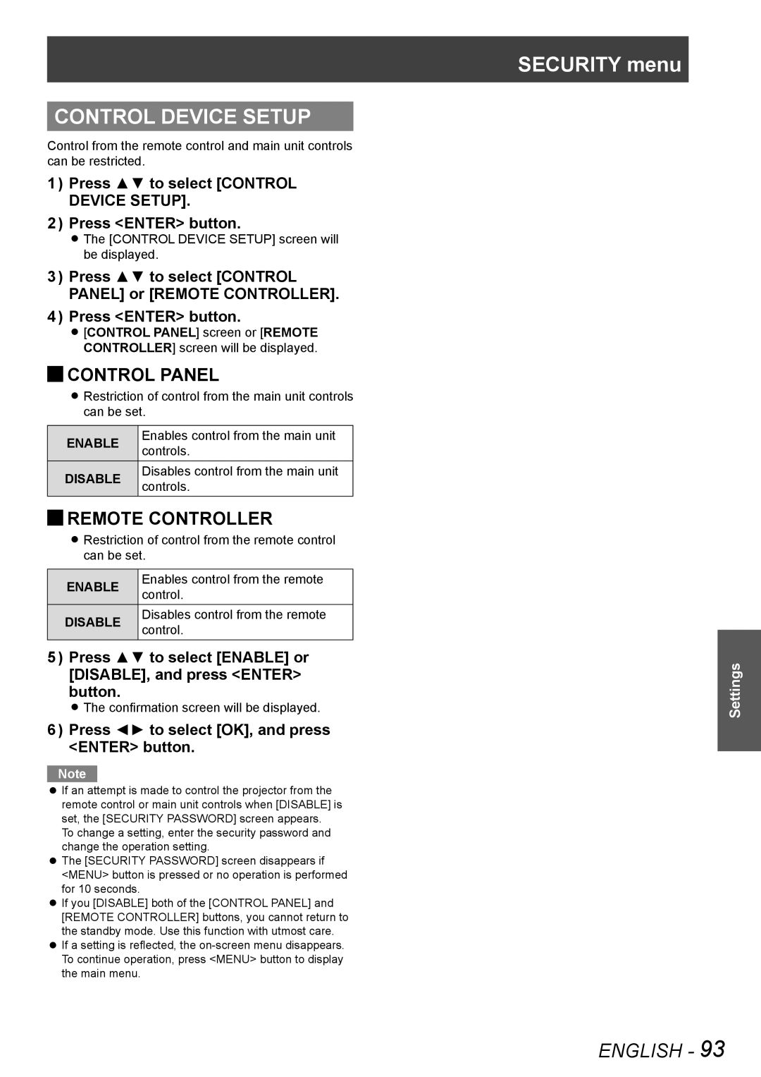 Panasonic PT-DZ8700E, PT-DS8500U Jjremote Controller, Press to select Control Device Setup Press Enter button, Enable 