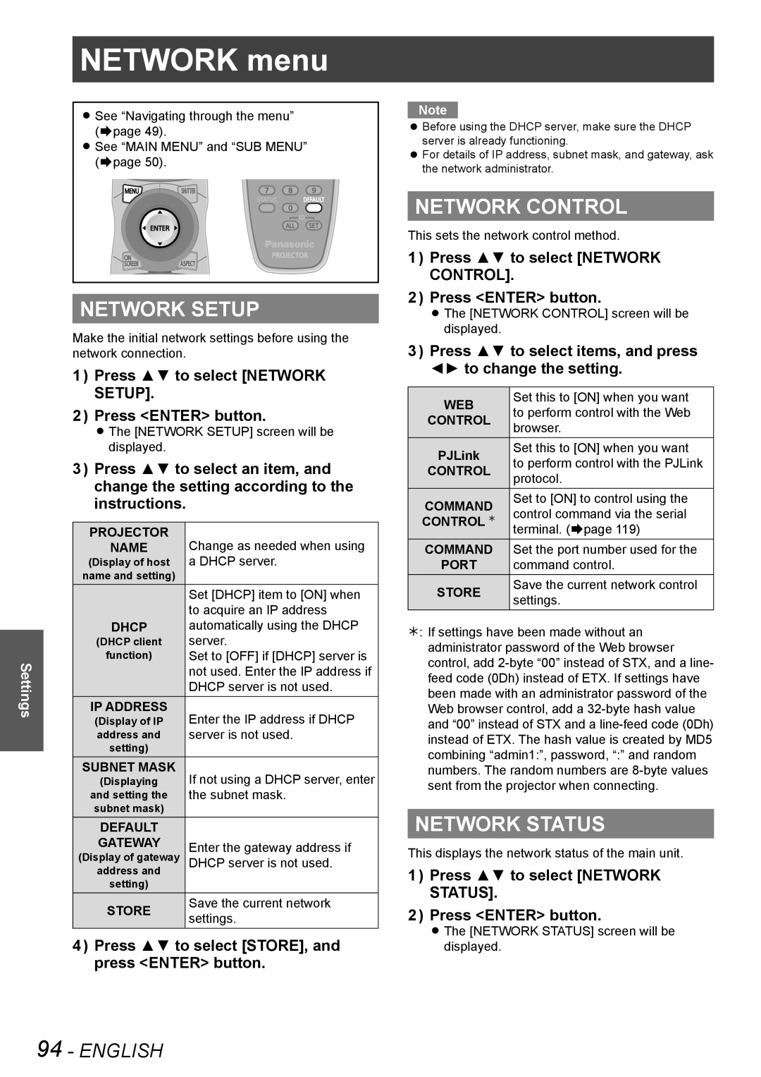 Panasonic PT-DW8300E, PT-DS8500U, PT-DS8500E, PT-DZ8700U manual Network menu, Network Setup, Network Control, Network Status 