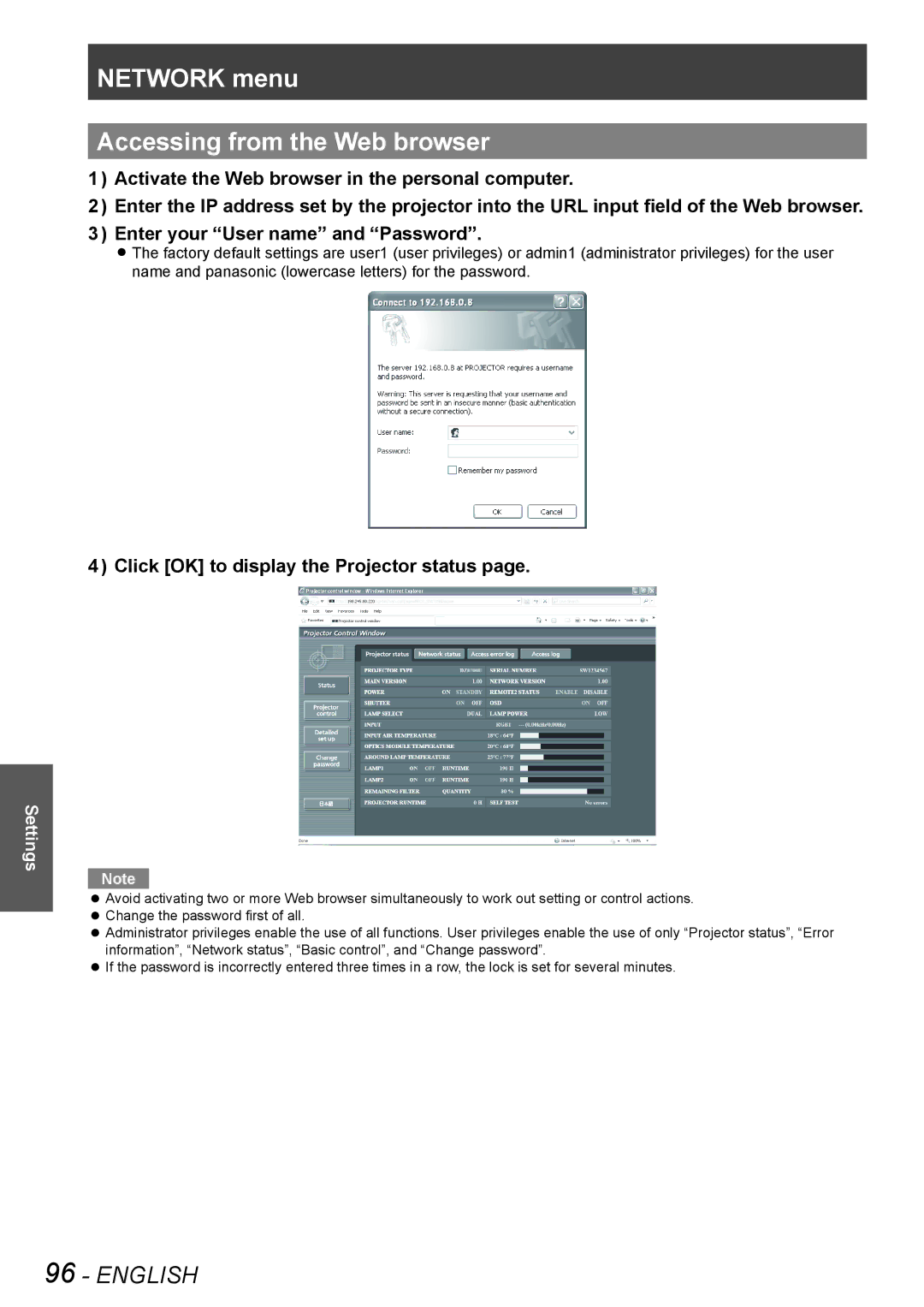 Panasonic PT-DS8500U, PT-DS8500E Network menu Accessing from the Web browser, Click OK to display the Projector status 