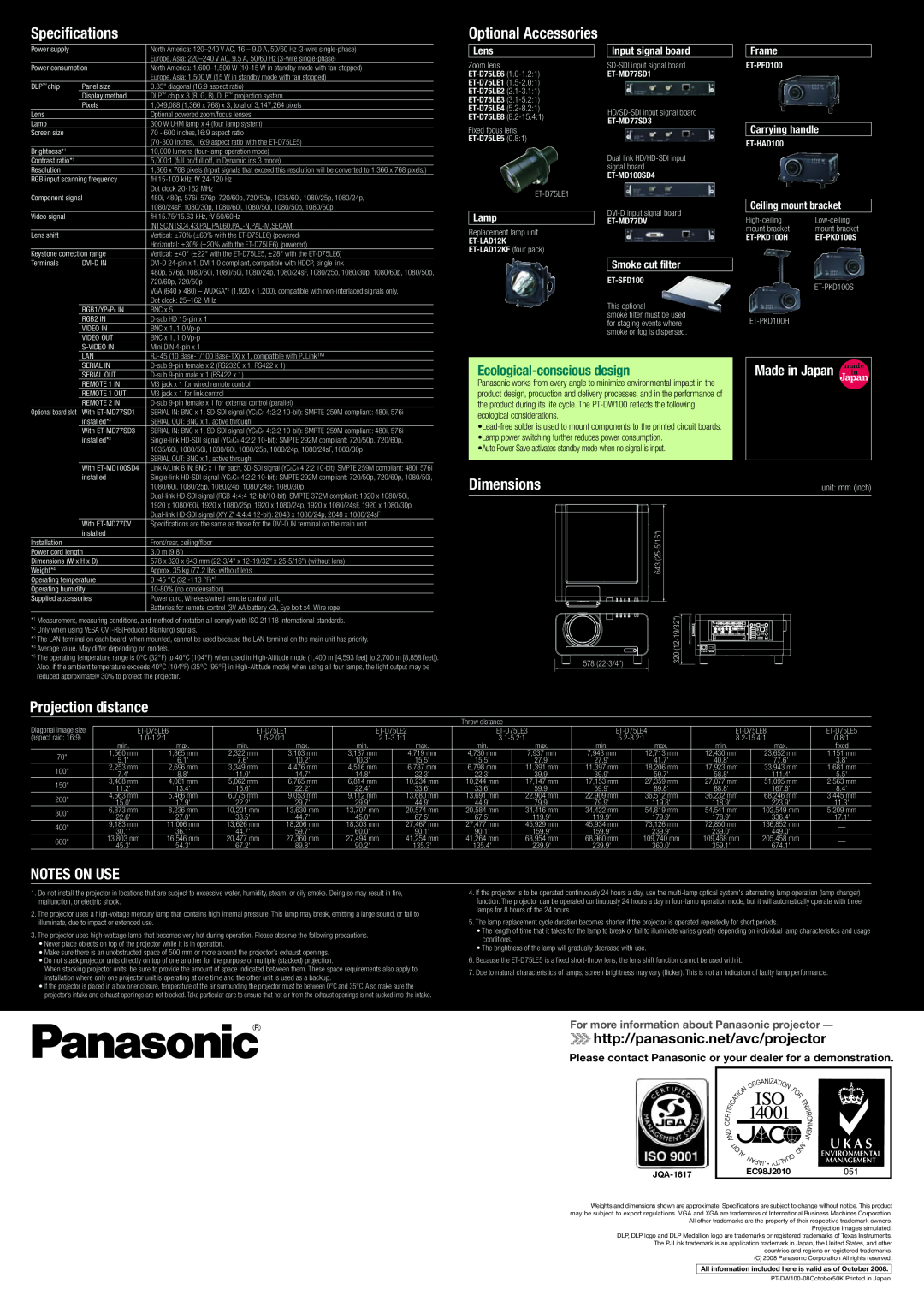 Panasonic PT-DW100 Specifications, Dimensions, Projection distance, Notes On Use, Ecological-conscious design, Lens, Lamp 