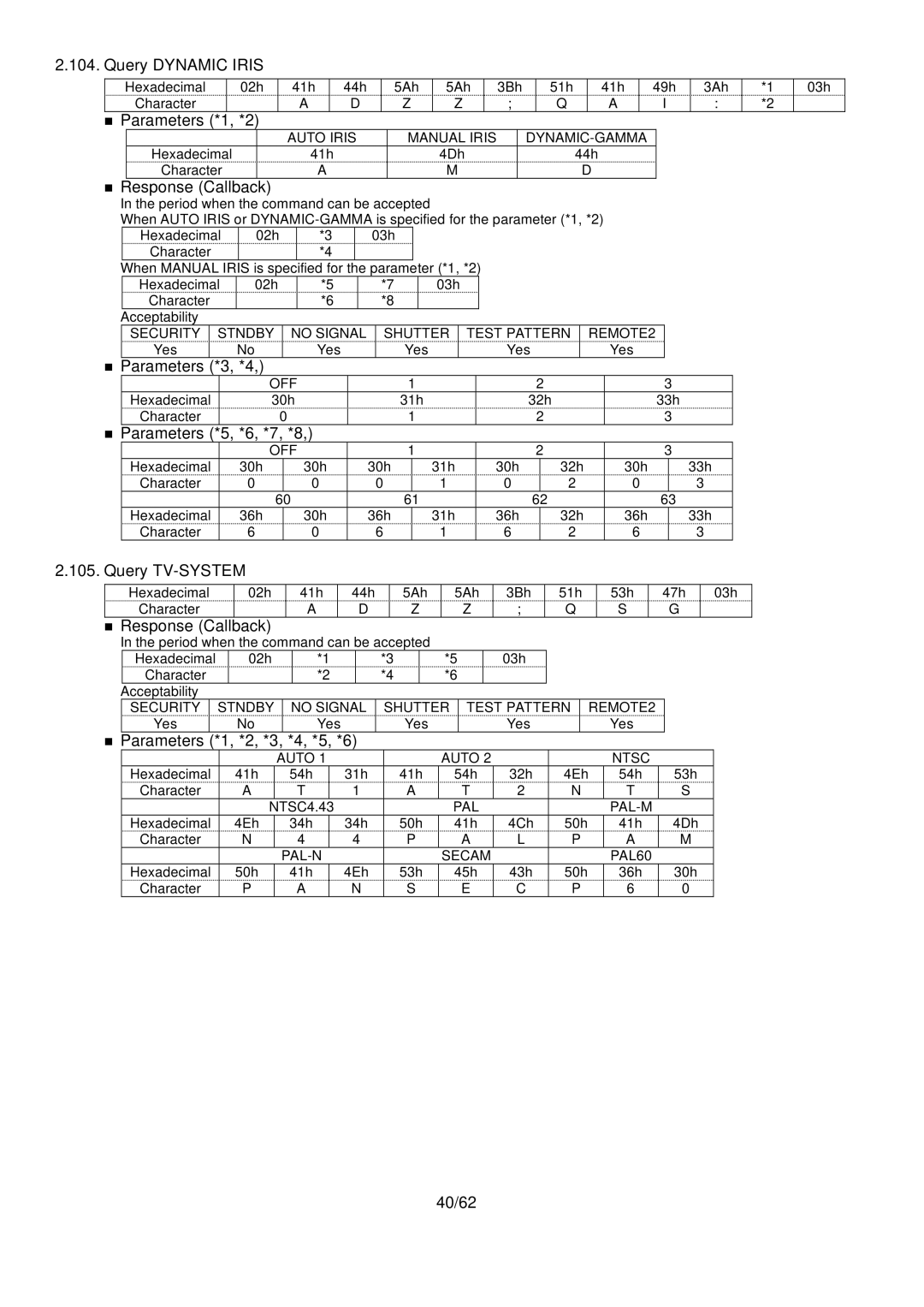 Panasonic PT-DW10000, D10000 specifications  Parameters *3, *4, Parameters *5, *6, *7, *8, Query TV-SYSTEM, 40/62 