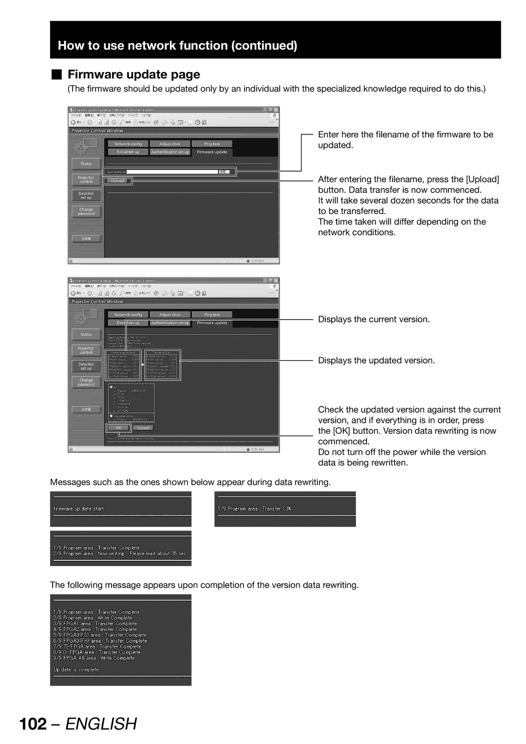 Panasonic PT-DW100E operating instructions „ Firmware update 