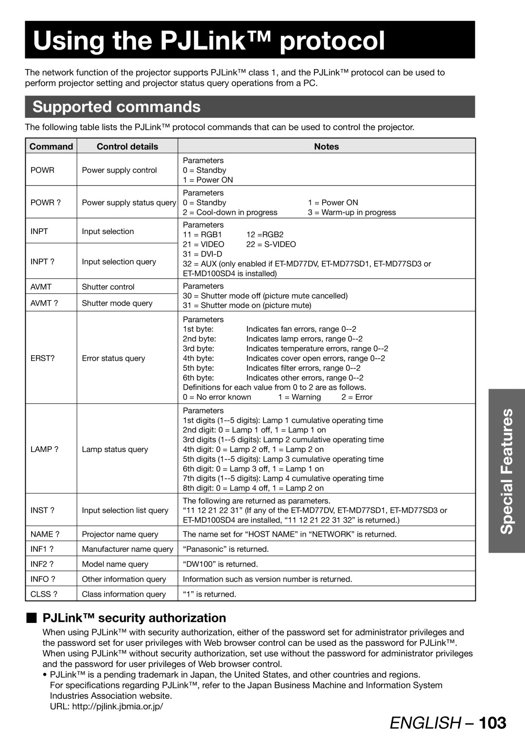 Panasonic PT-DW100E operating instructions Using the PJLink protocol, Supported commands, „ PJLink security authorization 