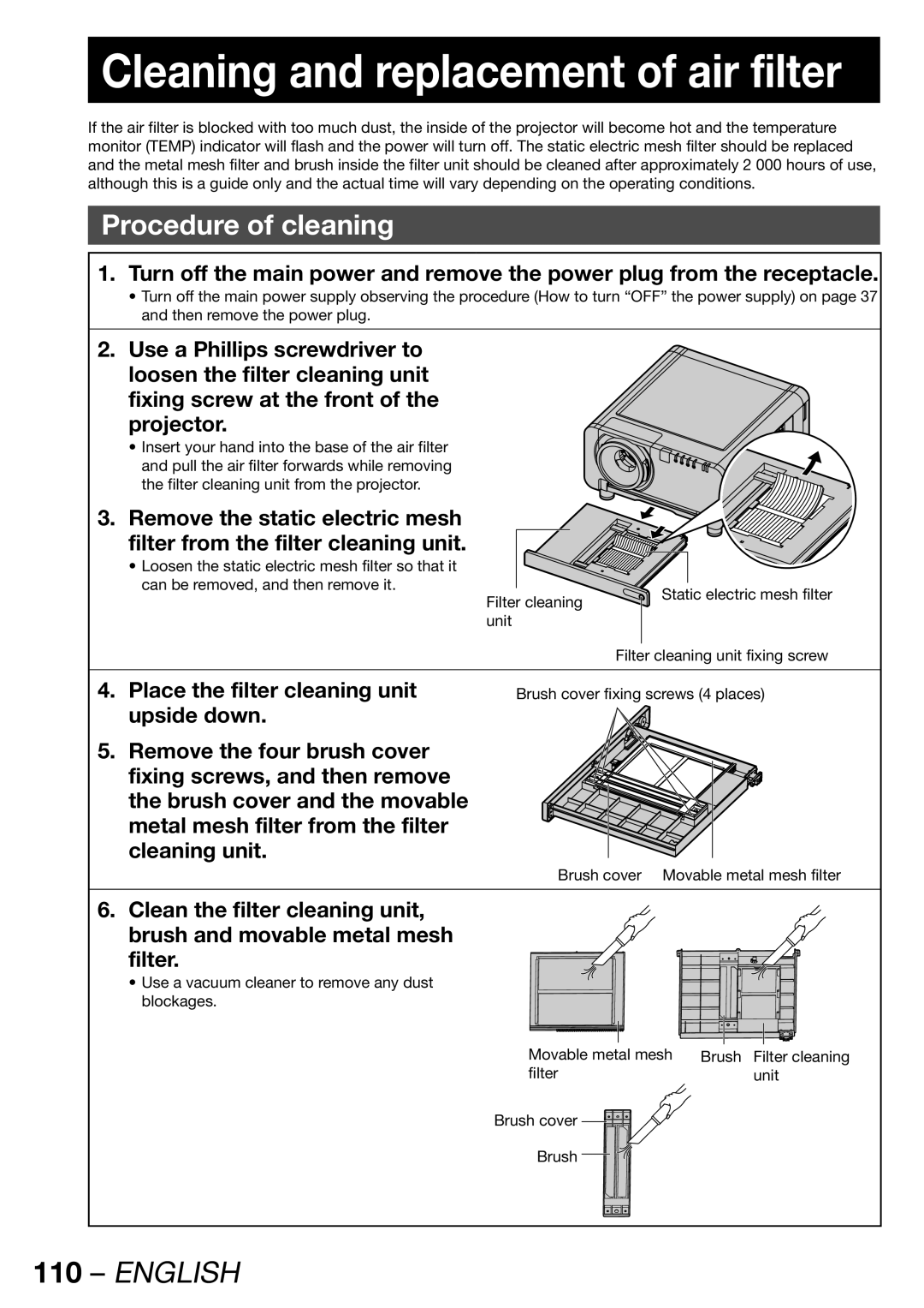 Panasonic PT-DW100E operating instructions Cleaning and replacement of air filter, Procedure of cleaning 