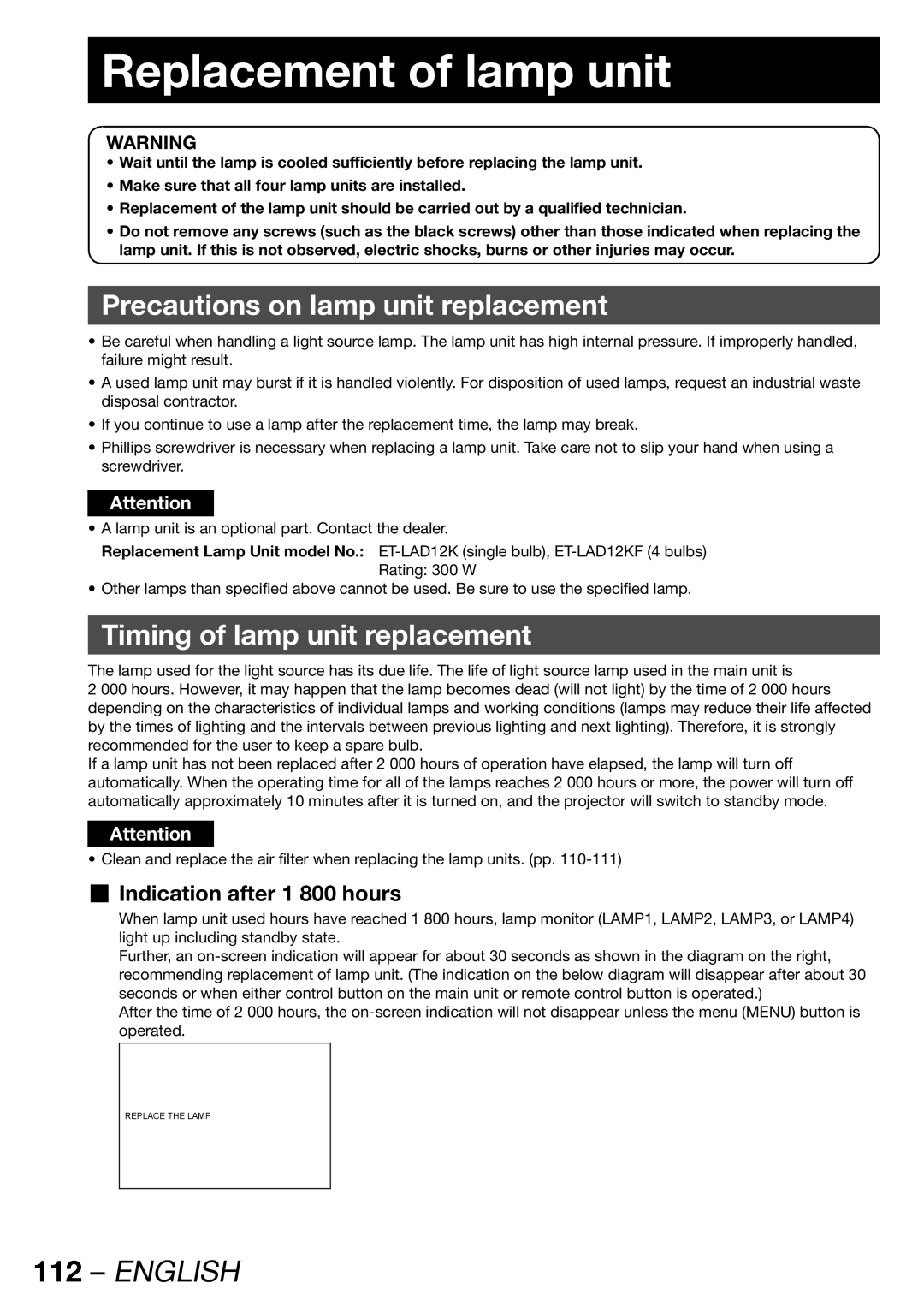 Panasonic PT-DW100E Replacement of lamp unit, Precautions on lamp unit replacement, Timing of lamp unit replacement 