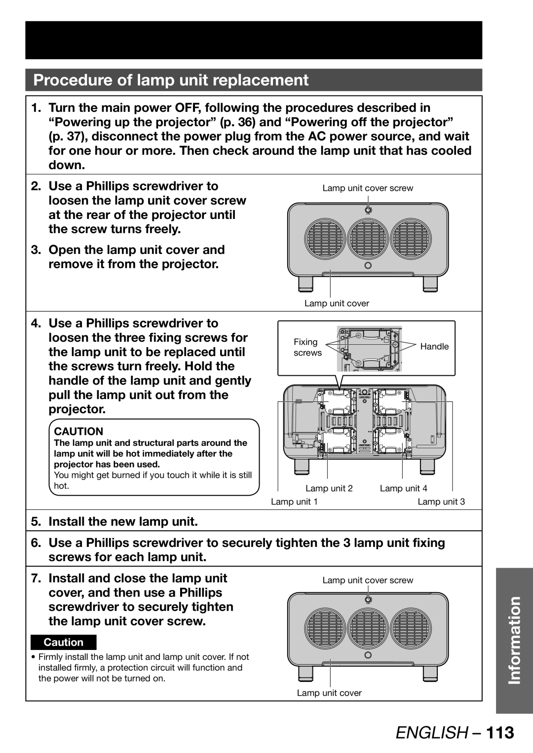 Panasonic PT-DW100E Procedure of lamp unit replacement, Lamp unit to be replaced until, Lamp unit cover screw 