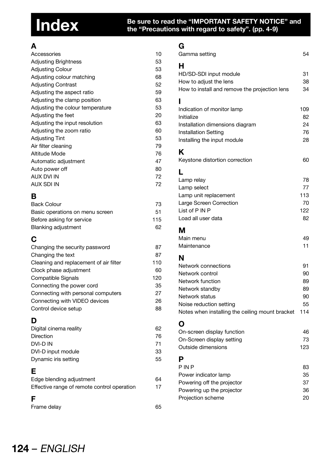 Panasonic PT-DW100E operating instructions Index 