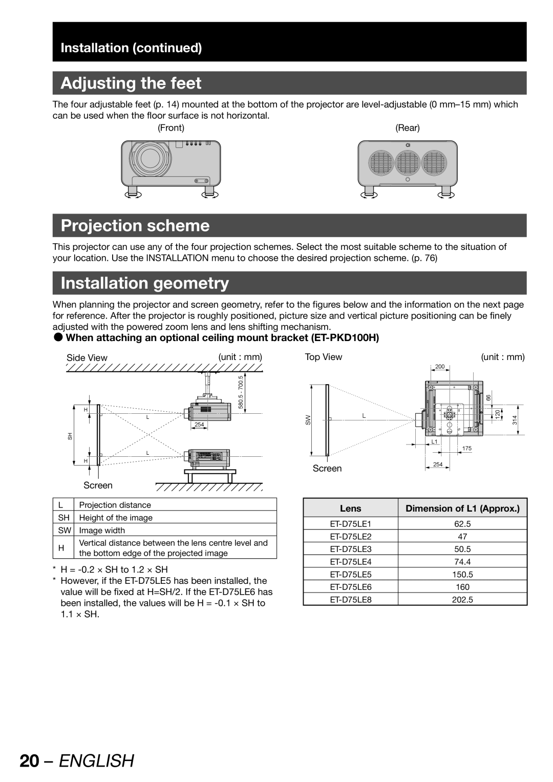 Panasonic PT-DW100E Adjusting the feet, Projection scheme, Installation geometry, Lens Dimension of L1 Approx 