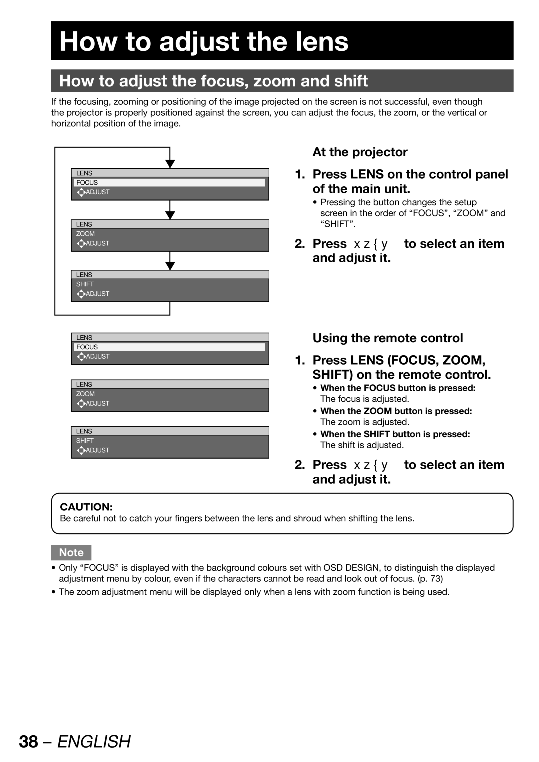 Panasonic PT-DW100E How to adjust the lens, How to adjust the focus, zoom and shift, Press to select an item and adjust it 