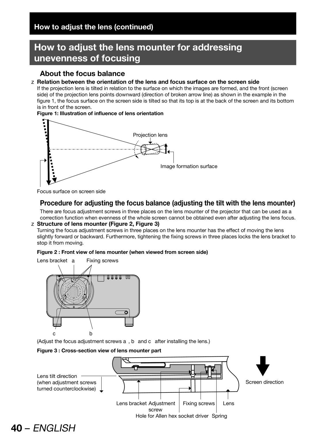 Panasonic PT-DW100E operating instructions „ About the focus balance, Illustration of influence of lens orientation 