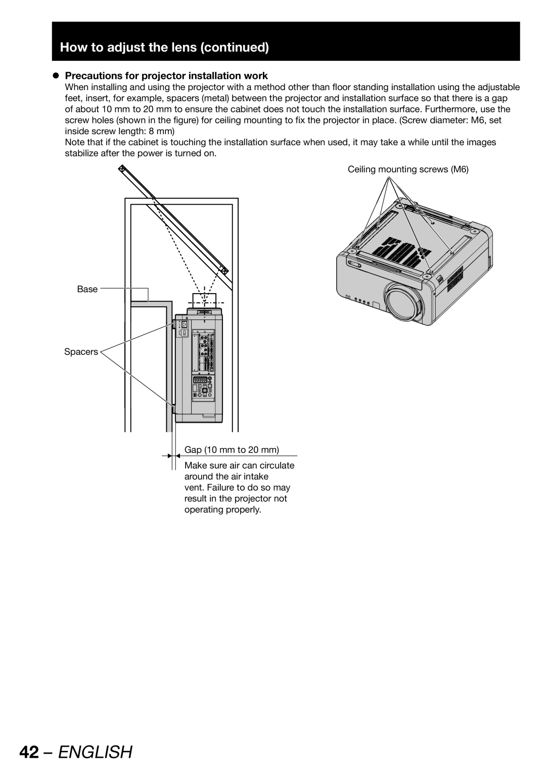 Panasonic PT-DW100E operating instructions Precautions for projector installation work 