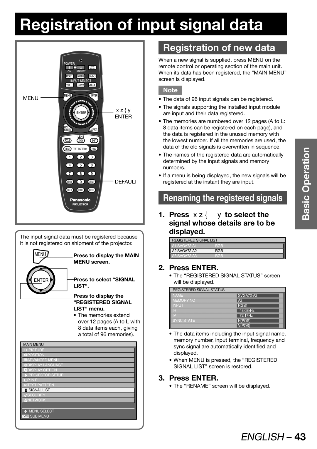 Panasonic PT-DW100E Registration of input signal data, Registration of new data, Displayed, Press Enter, List 