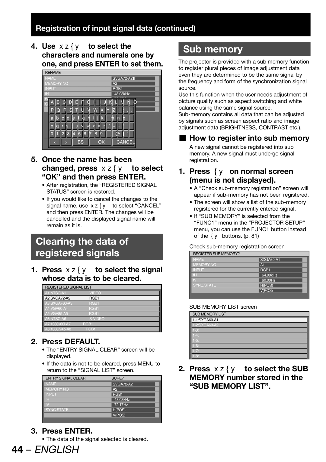 Panasonic PT-DW100E Clearing the data Registered signals, Sub memory, Press Default, „ How to register into sub memory 