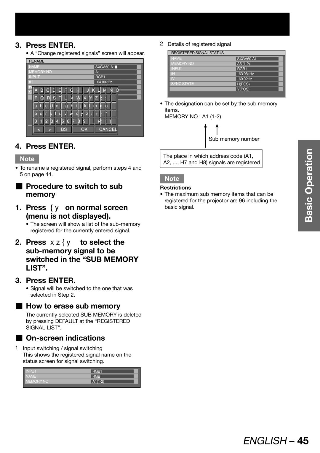 Panasonic PT-DW100E operating instructions „ How to erase sub memory, „ On-screen indications, Restrictions 