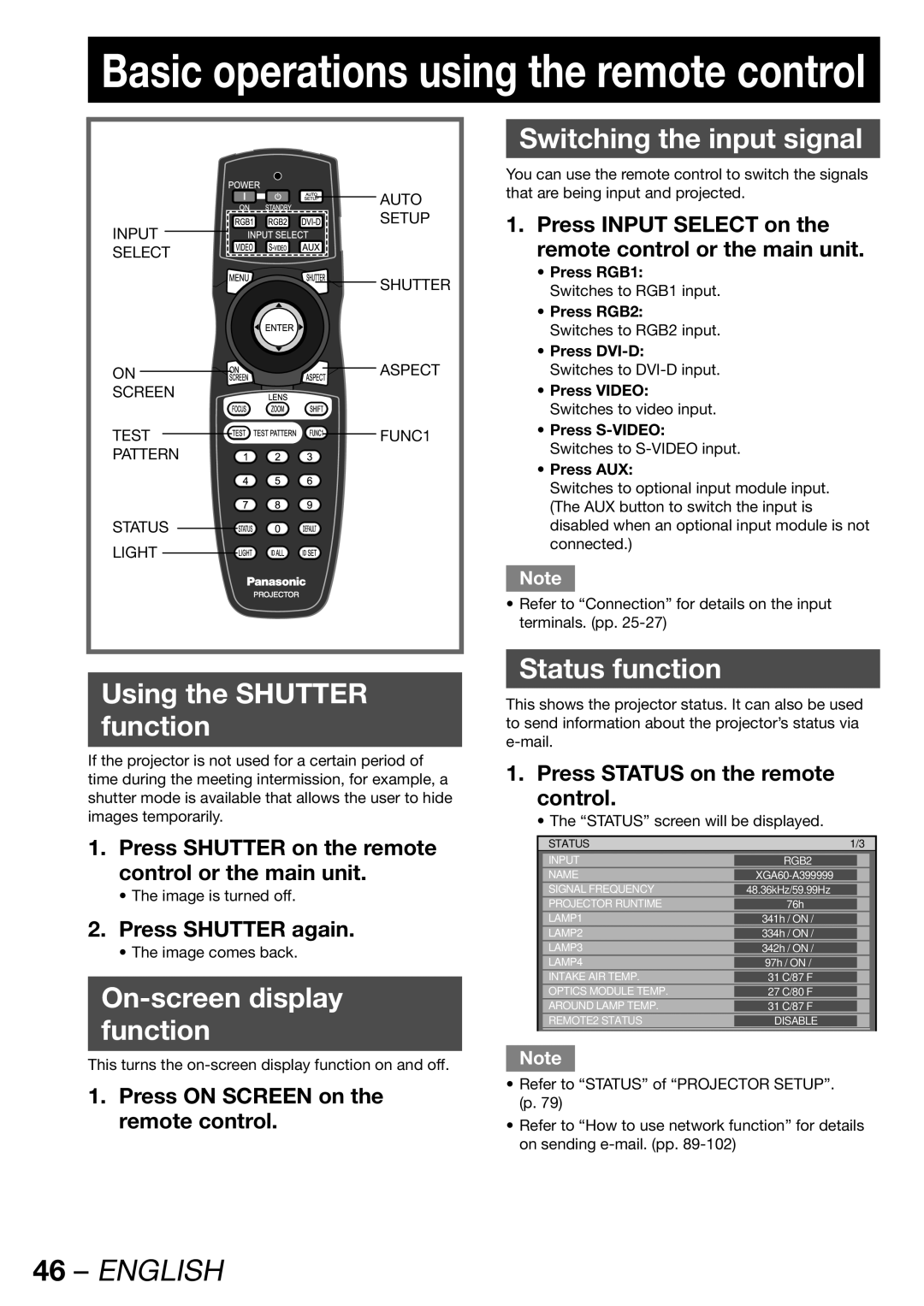 Panasonic PT-DW100E Using the Shutter Function, On-screen display Function, Switching the input signal, Status function 