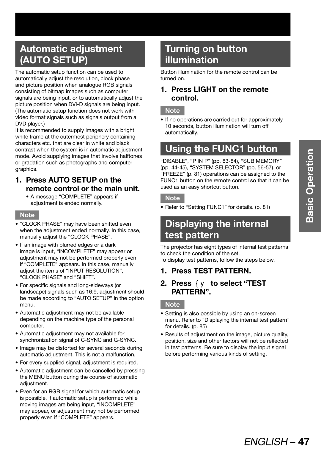 Panasonic PT-DW100E operating instructions Automatic adjustment, Turning on button Illumination, Using the FUNC1 button 