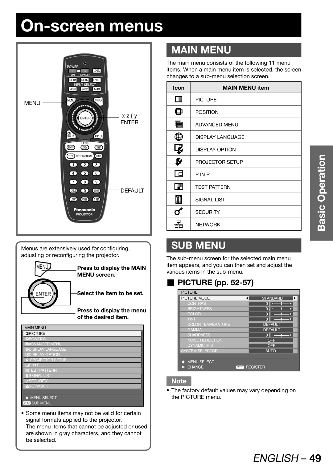 Panasonic PT-DW100E operating instructions On-screen menus, „ Picture pp, Icon Main Menu item, Select the item to be set 