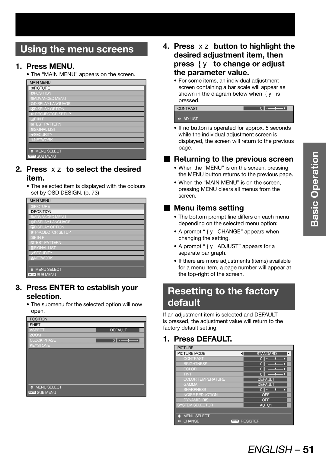 Panasonic PT-DW100E operating instructions Using the menu screens, Resetting to the factory Default 