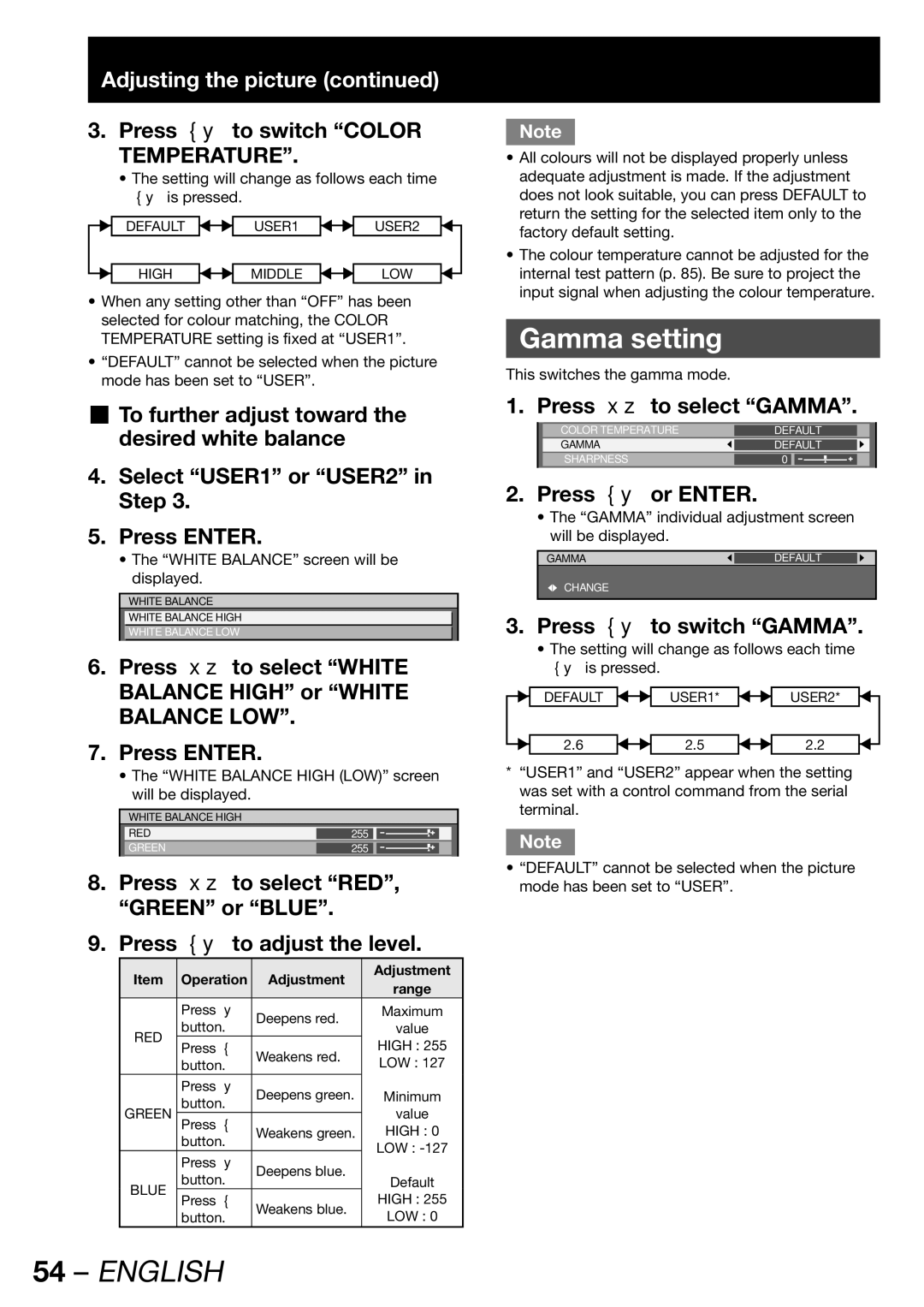 Panasonic PT-DW100E Gamma setting, Press to switch Color Temperature, Press to select Gamma, Press to switch Gamma 