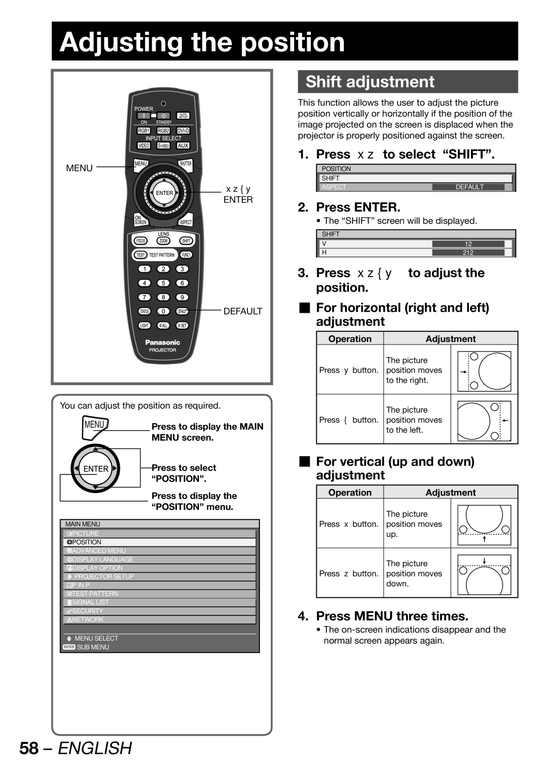 Panasonic PT-DW100E Adjusting the position, Shift adjustment, Press to select Shift, „ For vertical up and down adjustment 