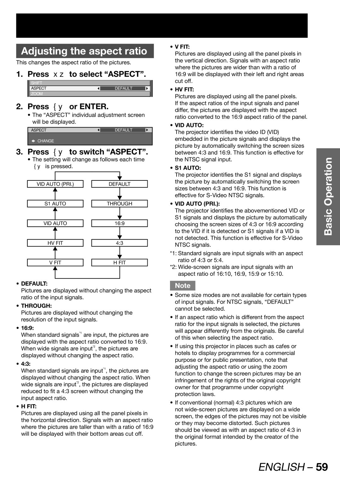 Panasonic PT-DW100E operating instructions Adjusting the aspect ratio, Press to select Aspect, Press to switch Aspect 