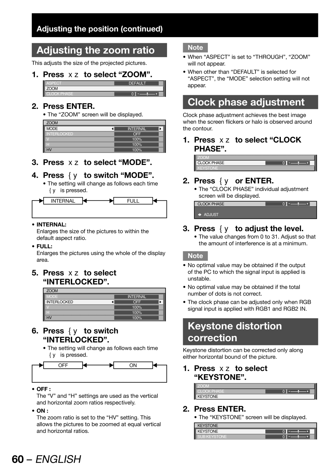 Panasonic PT-DW100E operating instructions Adjusting the zoom ratio, Clock phase adjustment, Keystone distortion Correction 