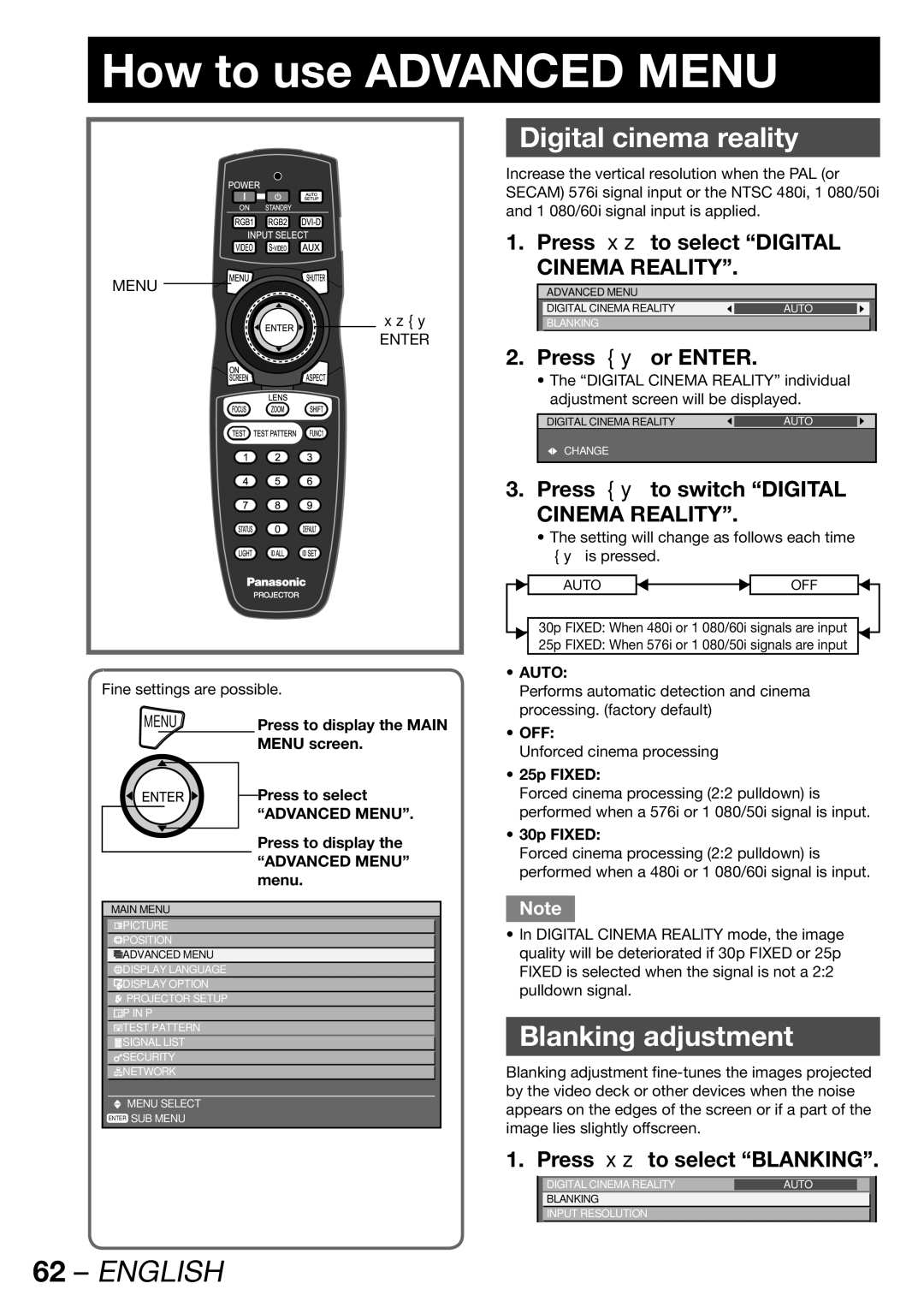 Panasonic PT-DW100E How to use Advanced Menu, Digital cinema reality, Blanking adjustment, Press to select Blanking 