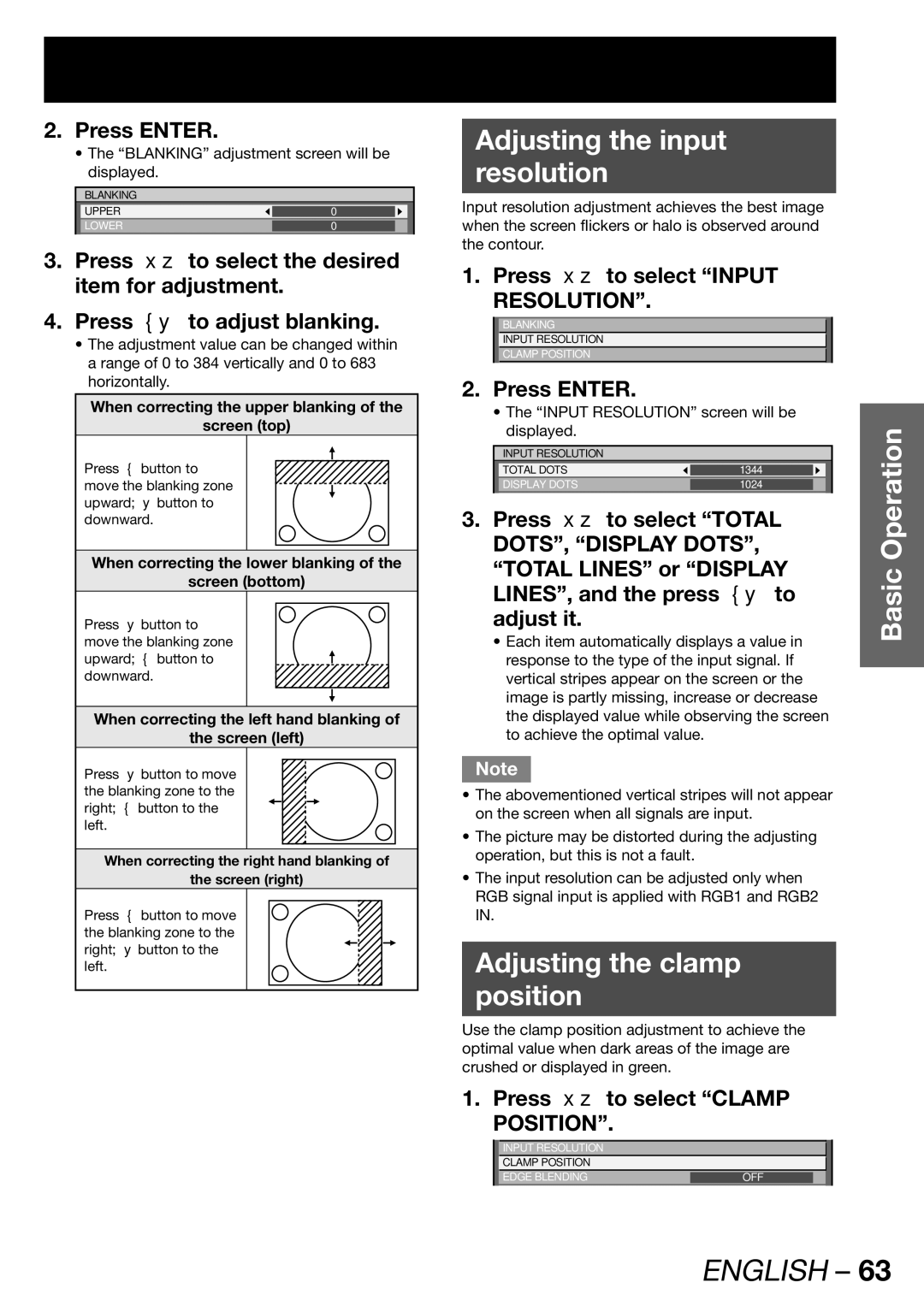 Panasonic PT-DW100E operating instructions Adjusting the input Resolution, Adjusting the clamp Position 