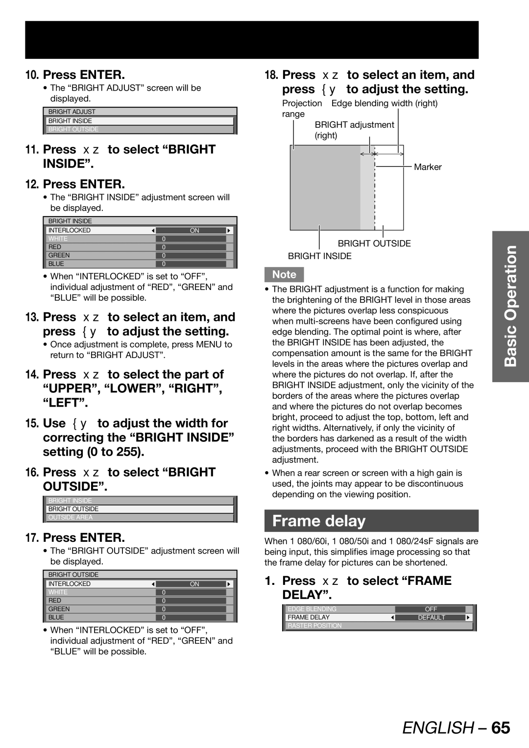 Panasonic PT-DW100E Frame delay, Press to select Bright Inside Press Enter, Press to select Frame Delay 